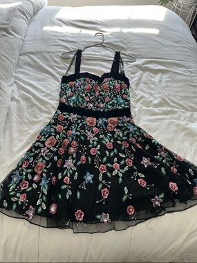 Mac Duggal Black Floral Sequin Embroidered Mini Dress